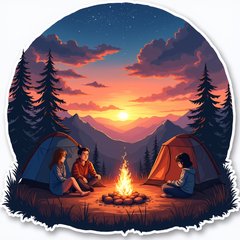 Anime sunset with friends camping and a campfire