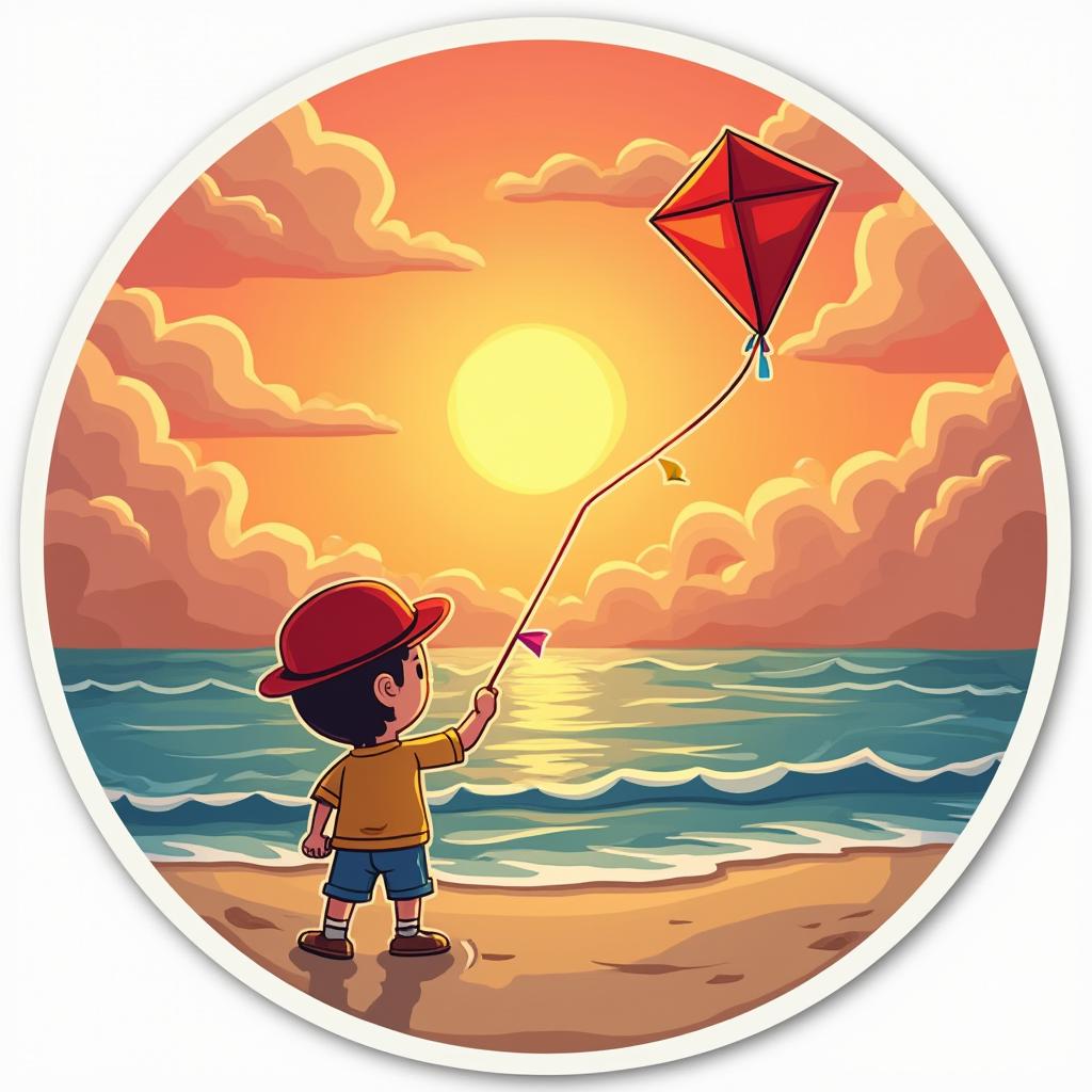 Cartoon sunset with a character flying a kite on the beach