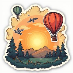 Doodle sunset with a hot air balloon and whimsical birds