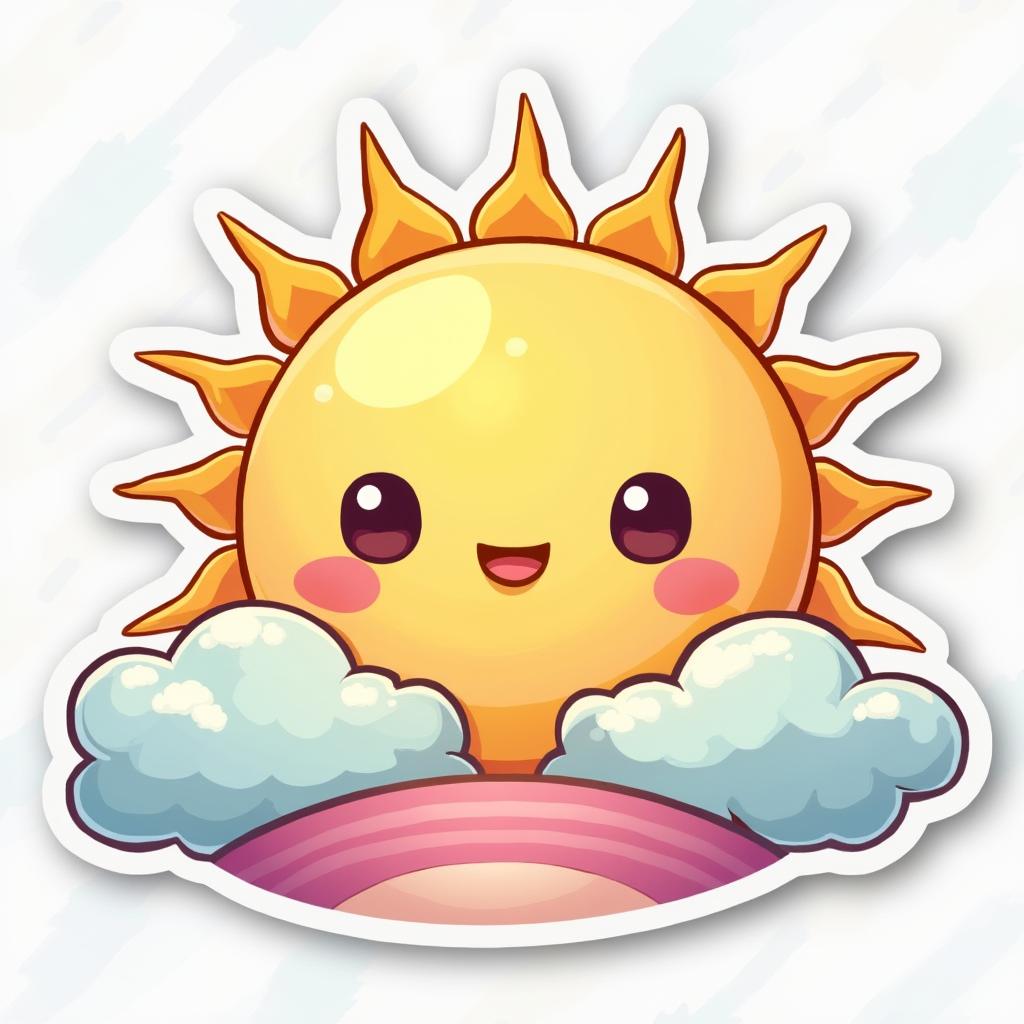 Kawaii smiling sun rising over a colorful horizon with fluffy clouds