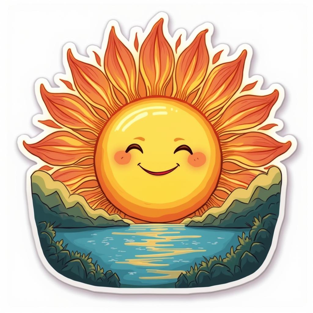 Cartoon sunrise with a smiling sun and flying birds in the background