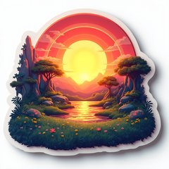 3D rendered glowing sun rising over a lush landscape with light beams