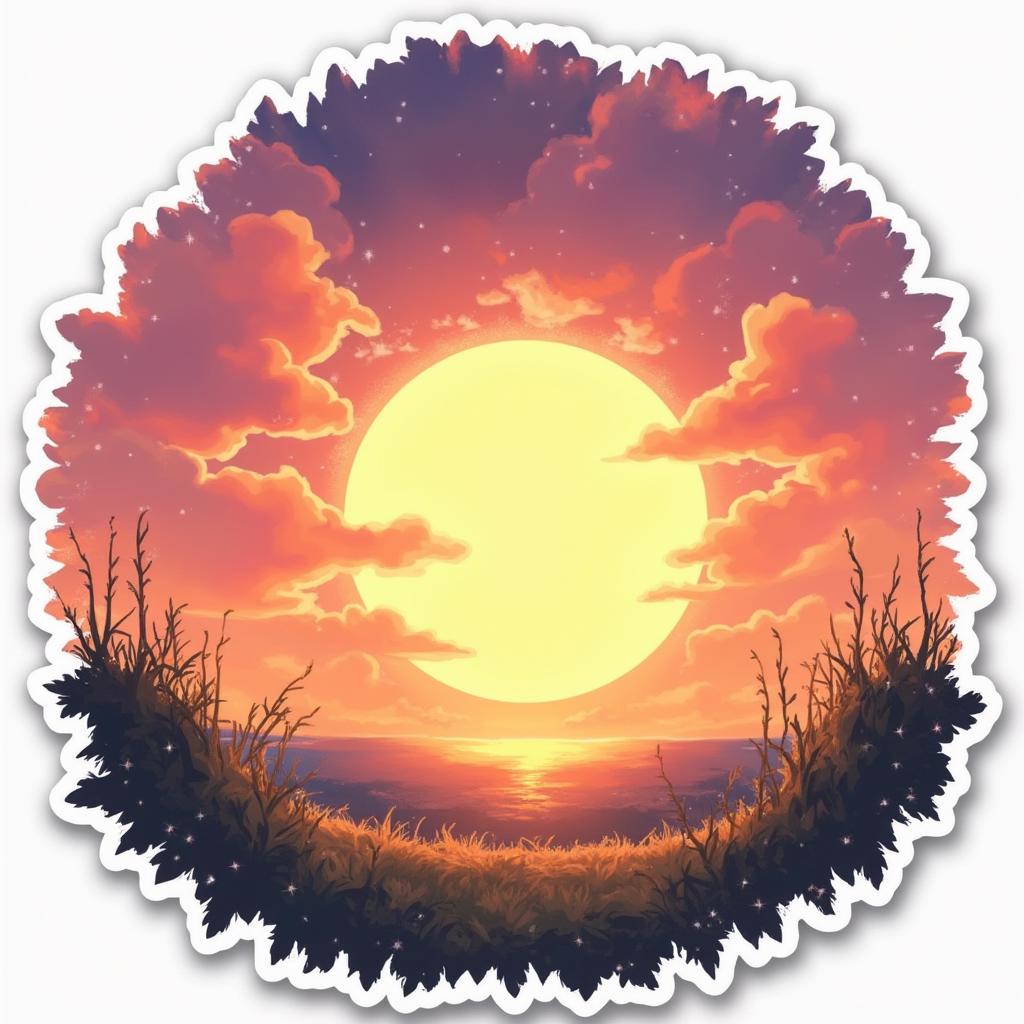 Anime-style beautiful sunrise with a sparkling sun and serene landscape