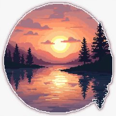 Pixel art tranquil sunrise over a still lake with tree silhouettes