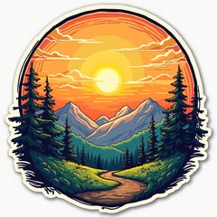 Comic book-style serene sunrise with mountains and bold colors