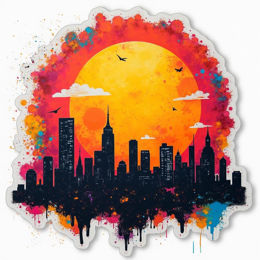 Graffiti-style colorful sun rising behind a city skyline with art splashes