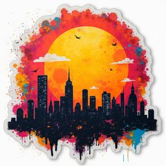 Graffiti-style colorful sun rising behind a city skyline with art splashes