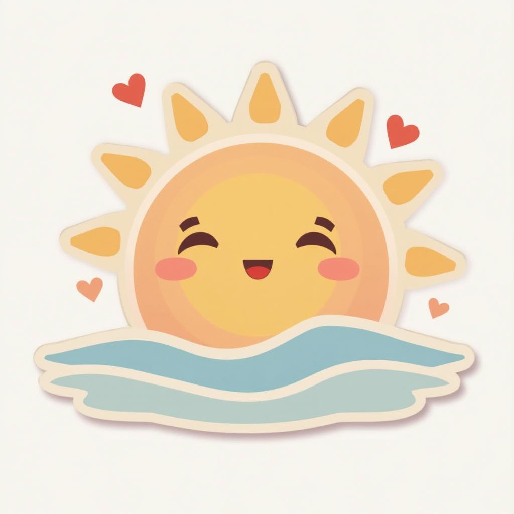 Emoji-style sun rising above a horizon with pastel colors and hearts