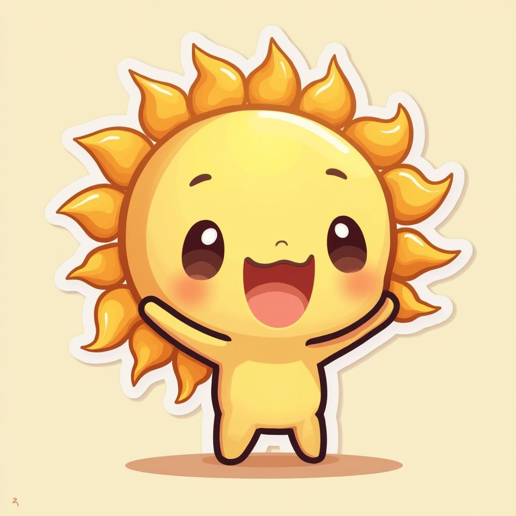 Chibi-style tiny sun character stretching and smiling as it rises