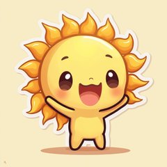 Chibi-style tiny sun character stretching and smiling as it rises
