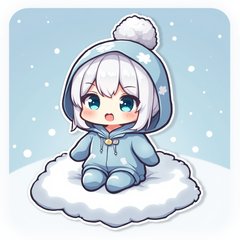 Chibi snowflake character in a hoodie sitting on a cloud
