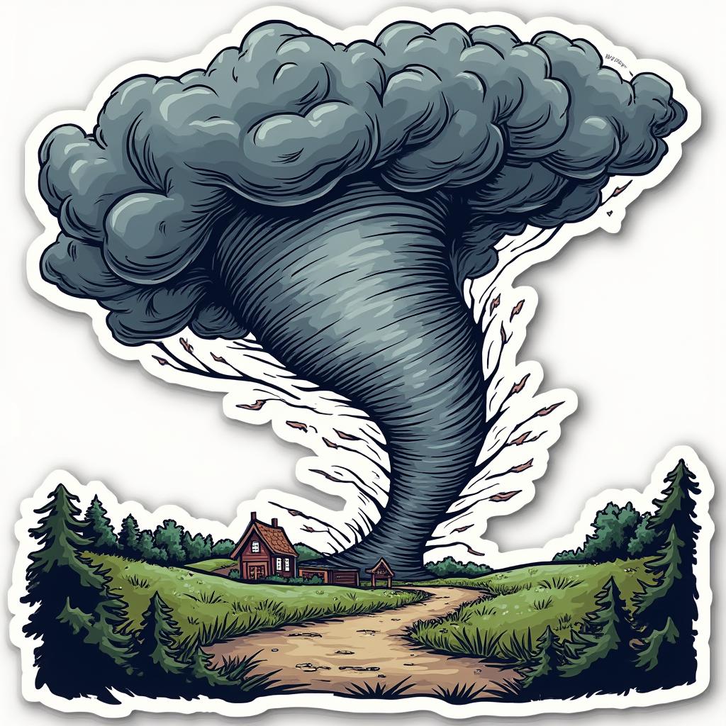 Comic book tornado tearing through landscape with dramatic shading