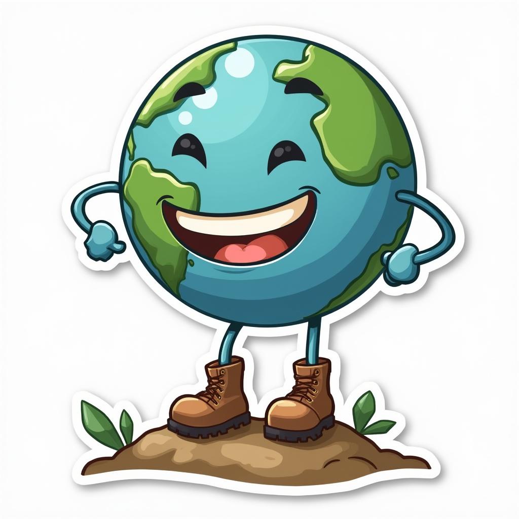 Cartoon Earth character in hiking boots on a hill, ready to explore