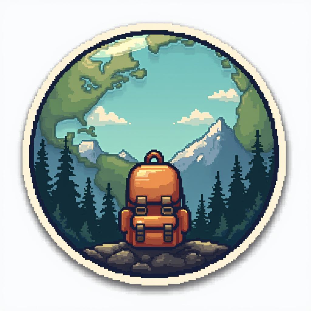 Pixel art Earth character with a backpack facing pixelated mountains