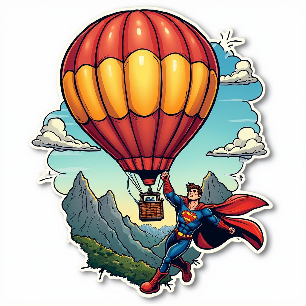 Comic book hot-air balloon with superhero flying beside it