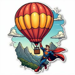 Comic book hot-air balloon with superhero flying beside it