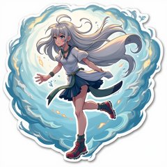 Anime wind spirit with flowing hair and glowing particles in a graceful pose
