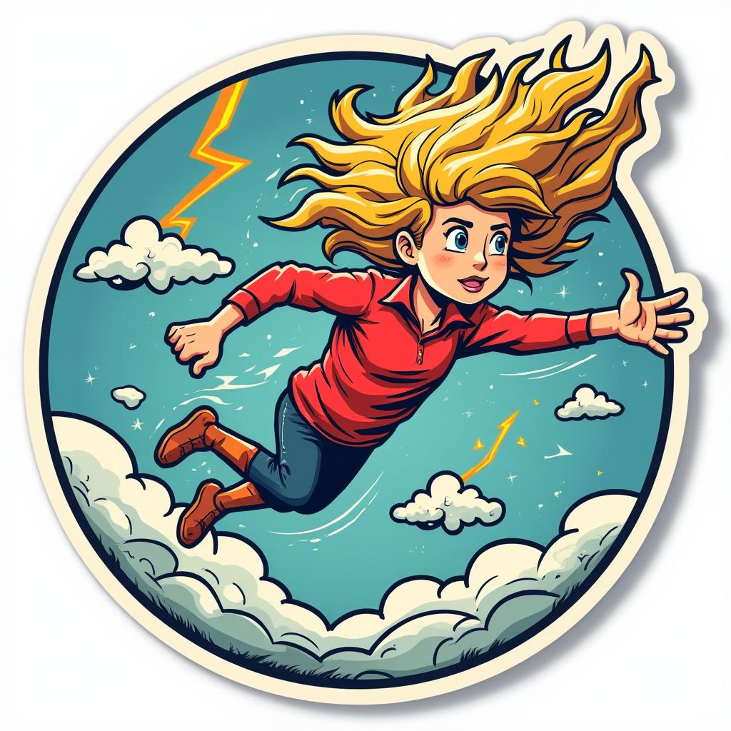 Comic book style wind character soaring through the skies with clouds and lightning