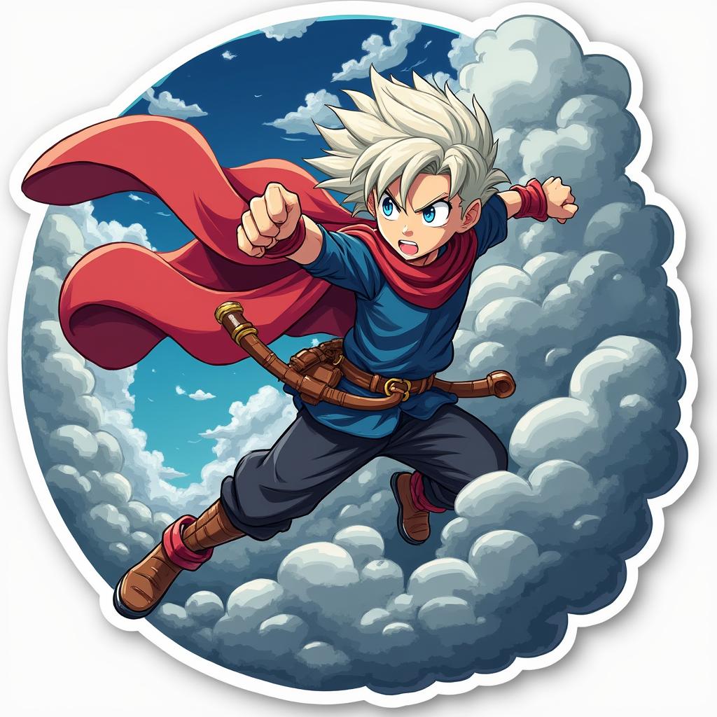Anime wind character with a cape battling dark clouds with determination