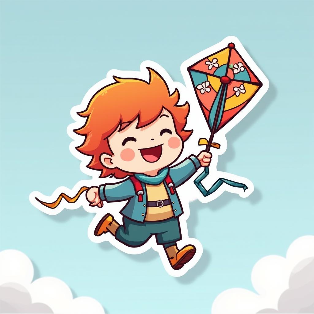 Cartoon wind character joyfully riding a kite in the sky