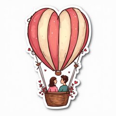 Doodle hot-air balloon with romantic couple and hearts