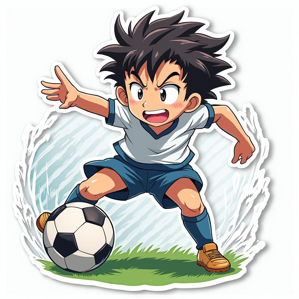 Anime soccer player heading the ball into the goal with speed lines