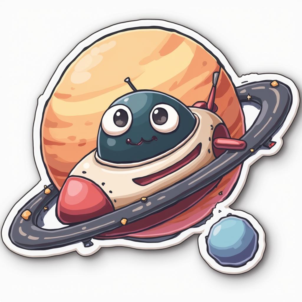 Anime-style cute spaceship with big eyes flying past a smiling planet