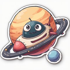Anime-style cute spaceship with big eyes flying past a smiling planet
