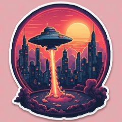 Retro spaceship with neon lights taking off from a futuristic city at sunset