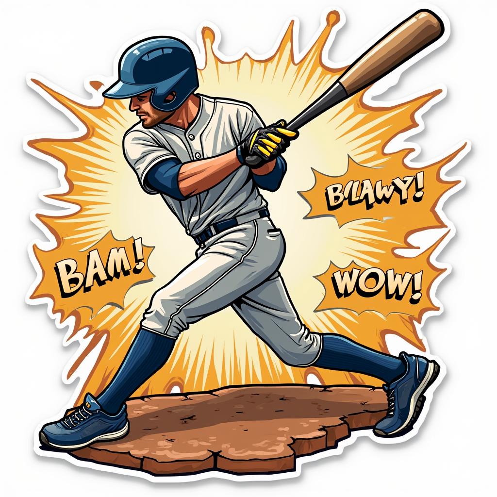 Comic book style baseball player swinging with sound effects