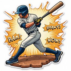 Comic book style baseball player swinging with sound effects
