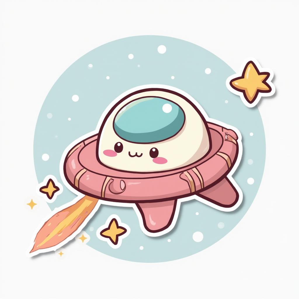 Kawaii spaceship with pastel colors and blushes, trailing cute stars