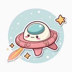 Kawaii spaceship with pastel colors and blushes, trailing cute stars