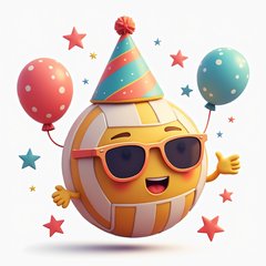 Emoji volleyball wearing sunglasses and a party hat, celebrating.