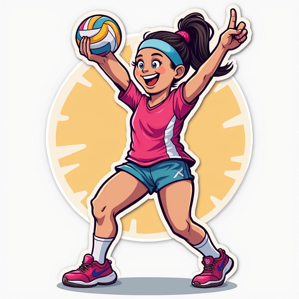 Pop culture volleyball player doing a victory dance in vibrant colors.