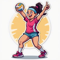 Pop culture volleyball player doing a victory dance in vibrant colors.