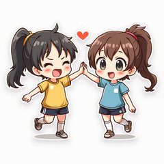Chibi volleyball players high-fiving with big smiles.