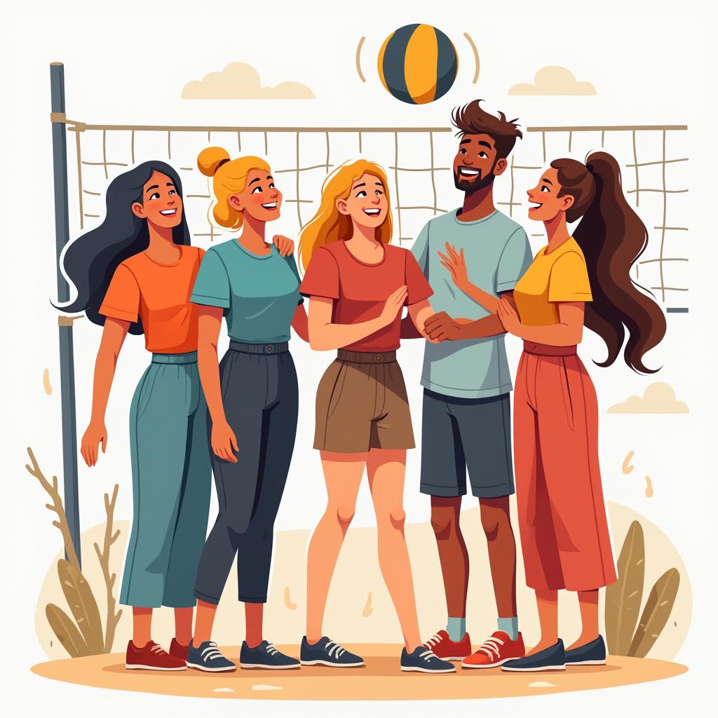 Flat design of diverse friends laughing while playing volleyball.