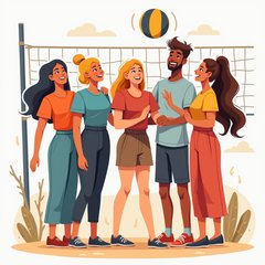 Flat design of diverse friends laughing while playing volleyball.