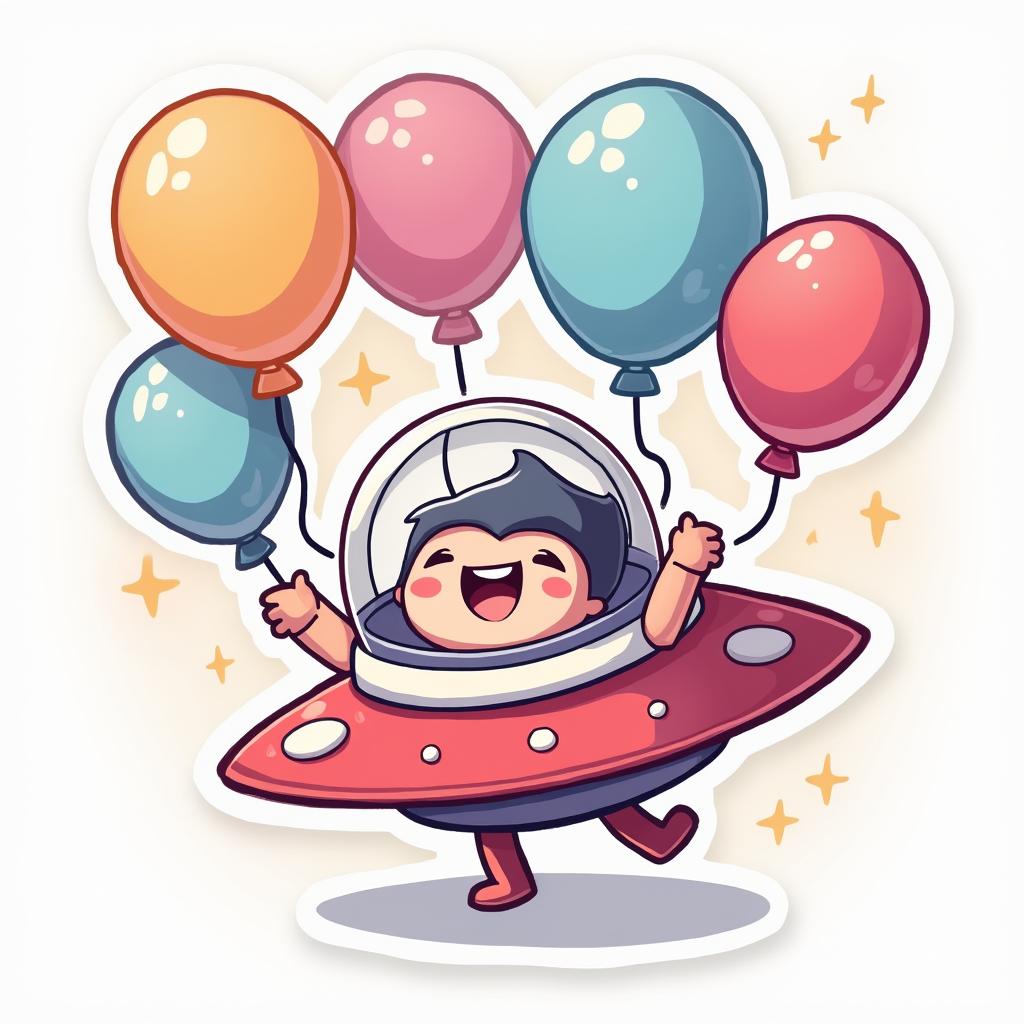 Chibi spaceship dancing with balloons and sparkles around it
