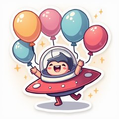 Chibi spaceship dancing with balloons and sparkles around it