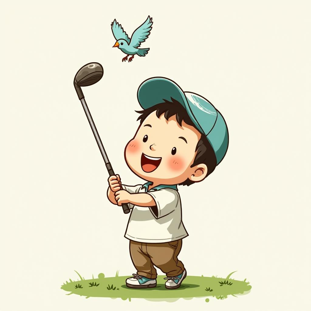 Chibi golfer swinging club with a bird flying above