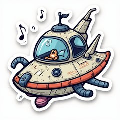 Doodle-style whimsical spaceship with music notes and party decorations