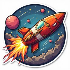 Comic book-style spaceship blasting off with party streamers and action lines