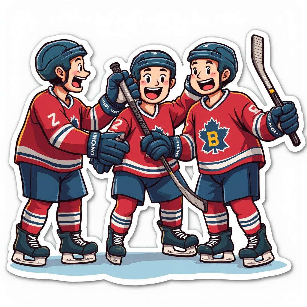 Cartoon hockey players high-fiving in celebration of teamwork
