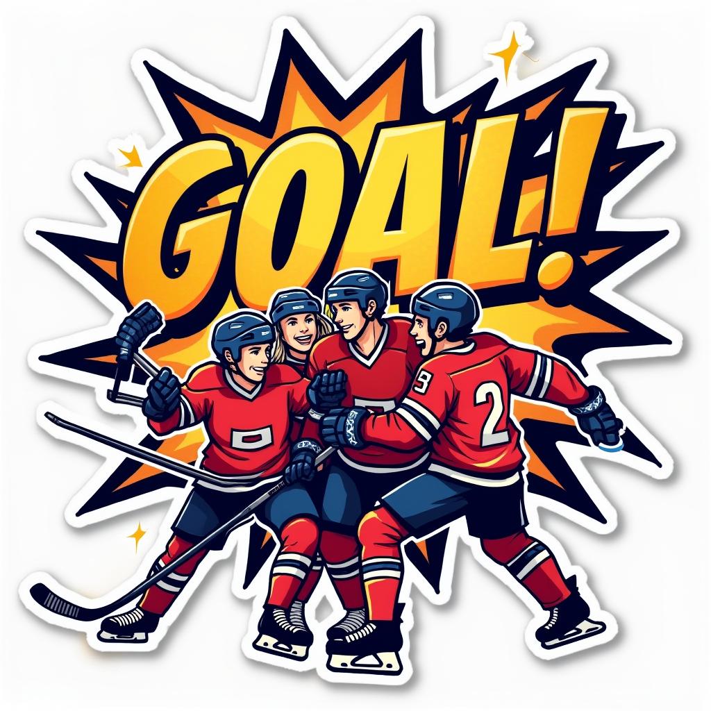 Comic book hockey team celebrating with 'GOAL!' text
