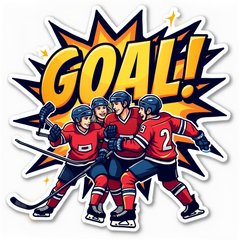 Comic book hockey team celebrating with 'GOAL!' text