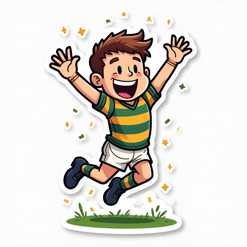 Cartoon rugby player celebrating a try with confetti