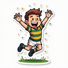 Cartoon rugby player celebrating a try with confetti