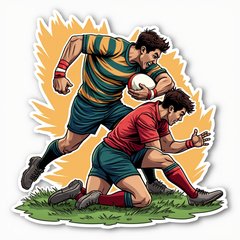 Comic book style rugby player tackling an opponent with action lines